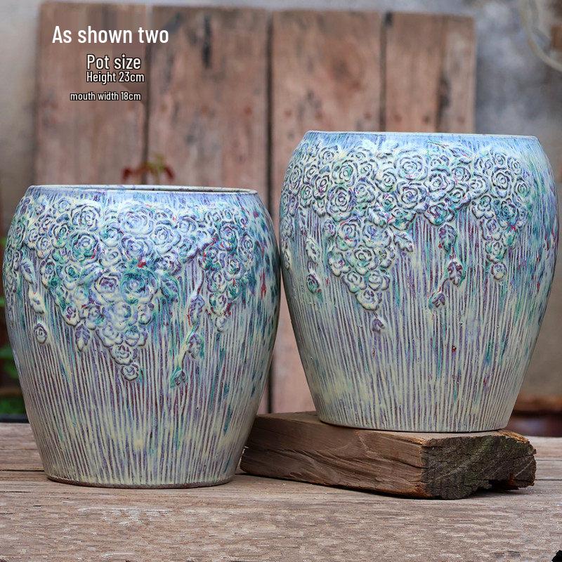 Handmade Embossed Rose Ceramic Succulent Pot, Tall Breathable Coarse Pottery, Large Mouth Plant Pot with Flower Design.