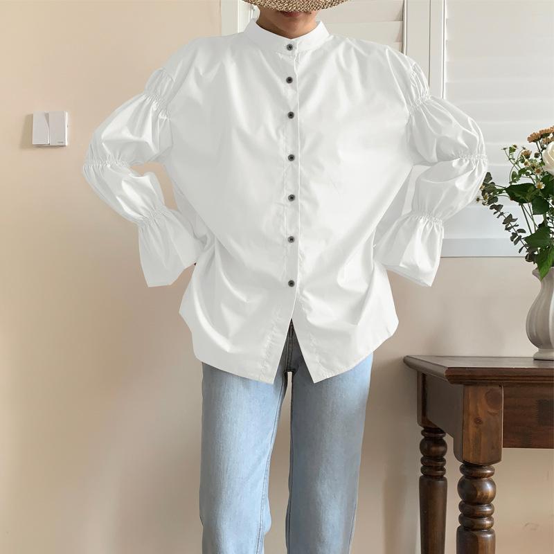 Spring and Autumn Tops Temperament Commuting Loose Lantern Sleeves Niche Design Sense Solid Color Stand-up Collar Shirt Women