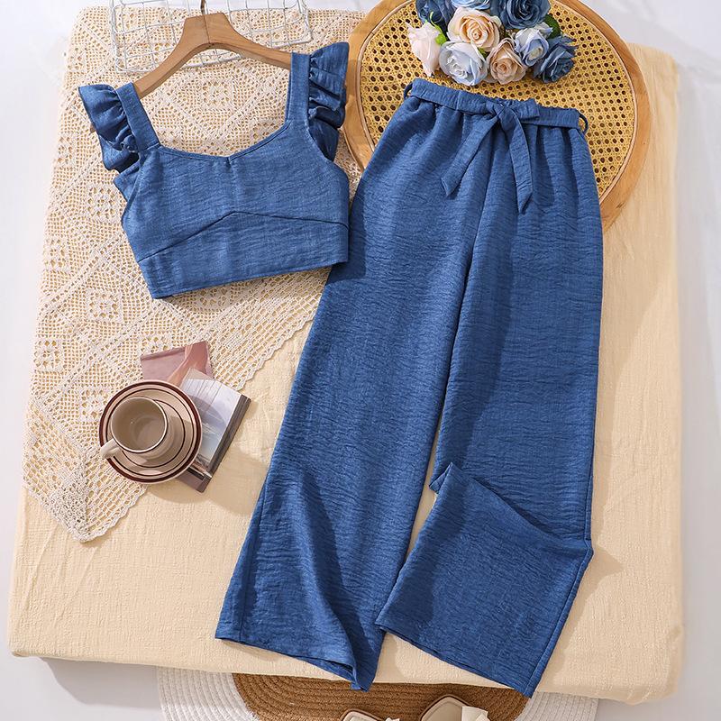 

Girls Fashion Set - Summer Children s Sleeveless Top and Casual Pants Set (Two Pieces) 130cm=8Y синий