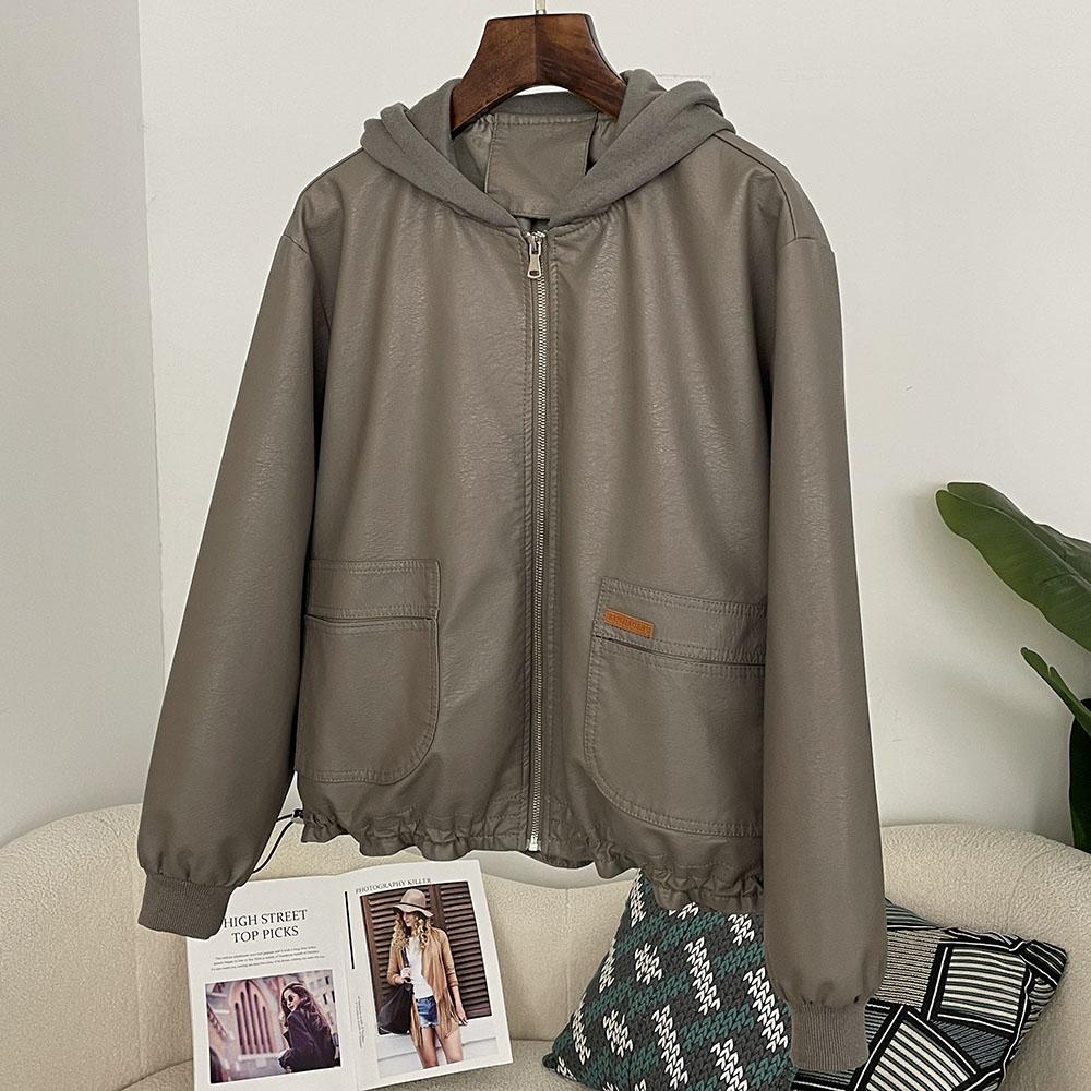 OFTBUY Damen Kapuzenjacke Vintage Locker Pu Kunstleder Hut Kurze Jacke Lässig Motorradjacke Damen Reißverschluss Retro Moto Biker Mantel Oberbekleidung Tops