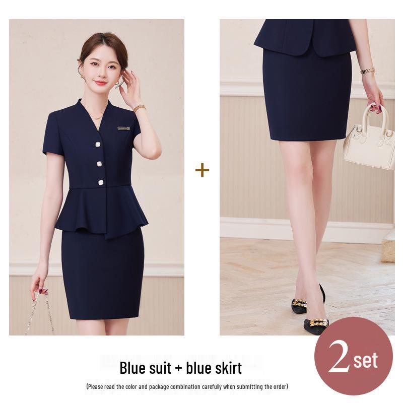 Set Profesional de Vară cu Mânecă Scurtă, Formal, din Două Piese, pentru Femei - Design Subțiere cu Volane