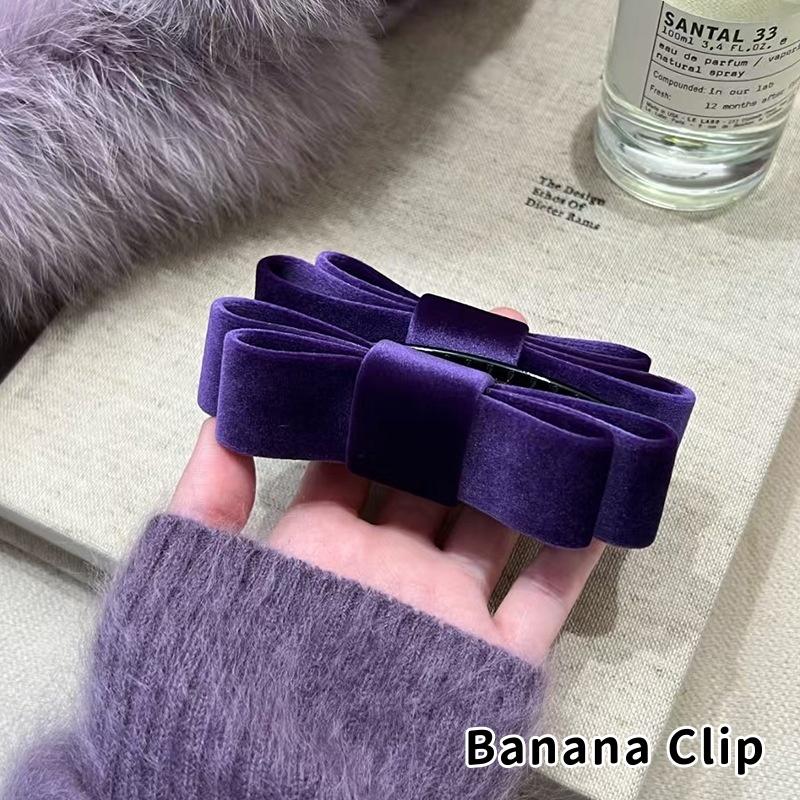 Korean Double-Sided Velvet Bow Banana Clip Women'S Autumn And Winter Temperament Elegant Ponytail Vertical Clip Hair Accessories