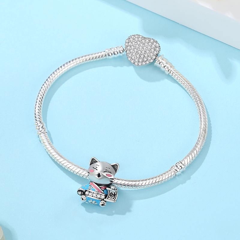 925 Sterling Copper Charms Fortune Cat Chinese New Year Pendant Beads Japanese Girl Fit Brand Bracelets Necklaces Women Zircon