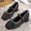 Mary Jane Shoes Thick Heel Evening Shoes with Skirts Fluffy Shoes Women Wear Autumn and Winter Gray Velvet Cotton Shoes