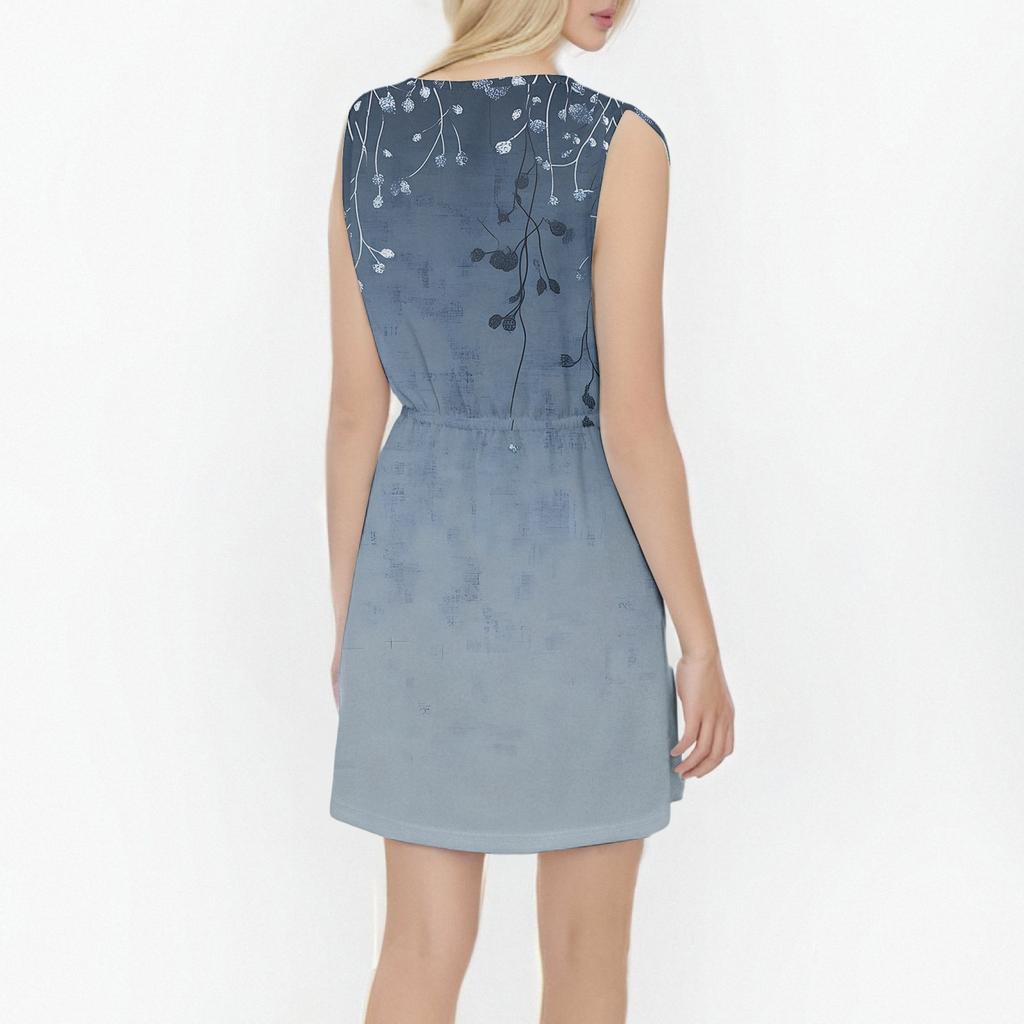Women's Fashion Sleeveless Round Neck Printed Decorative Button Double Pocket Lace-up Dress