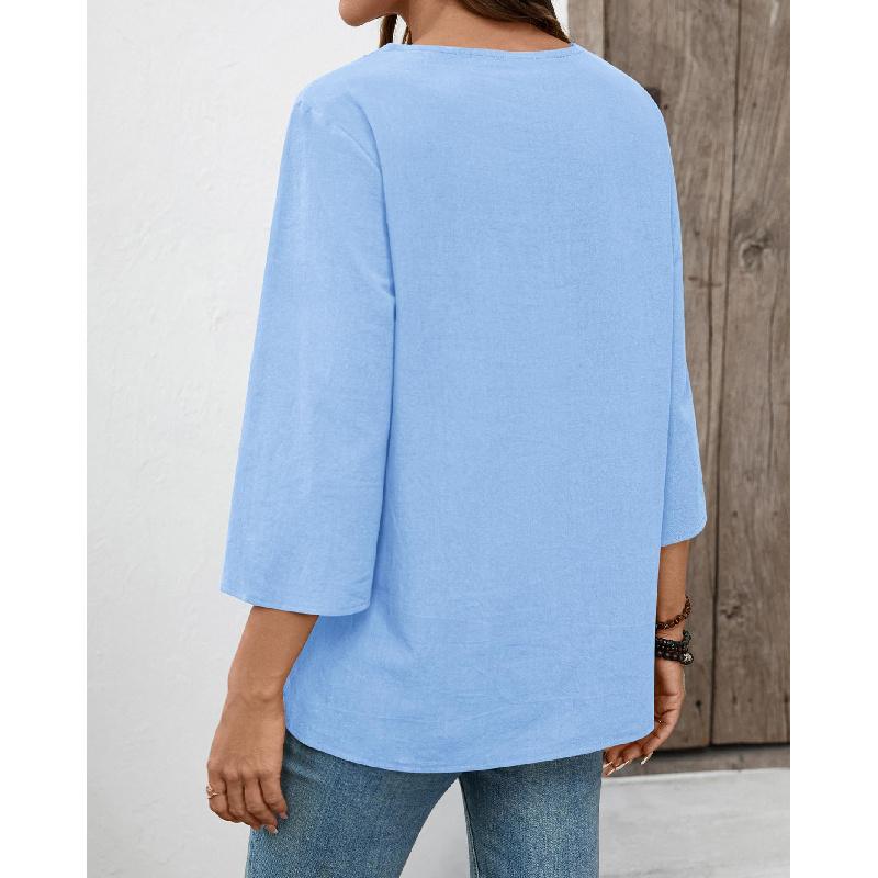 2026 Spring/Summer Bohemian Style Women's Linen Lace Trim V-Neck Three-Quarter Sleeve Casual Blouse