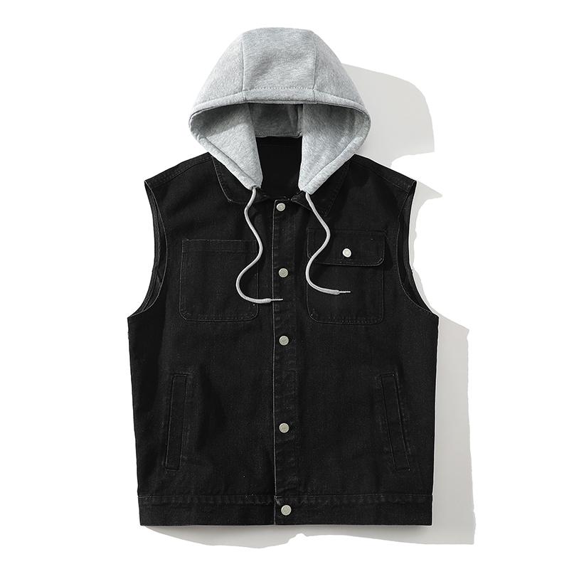 

2025 Men Spring Summer Autumn Denim Vest Jacket Teenagers Black Leisure Hooded Vests Coat Plus Size Waistcoat 2XL чорний