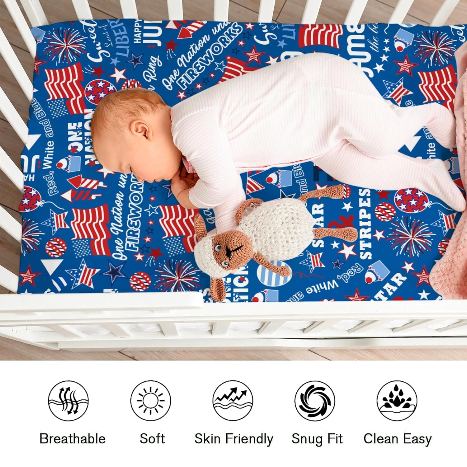

Patriotic 4th of July Quotes Baby Crib Sheets for Girl Boy 52 x28 Stars Stripes American Flag Soft Fitted Crib Mattress Covers Independence Day Baby One size синий