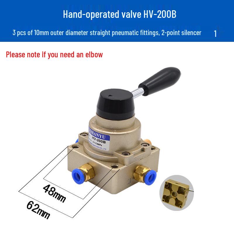 Pneumatický ručně ovládaný ventil HV-200D: Směrový pneumatický ovládací pákový ventil s dvěma vstupy a dvěma výstupy.