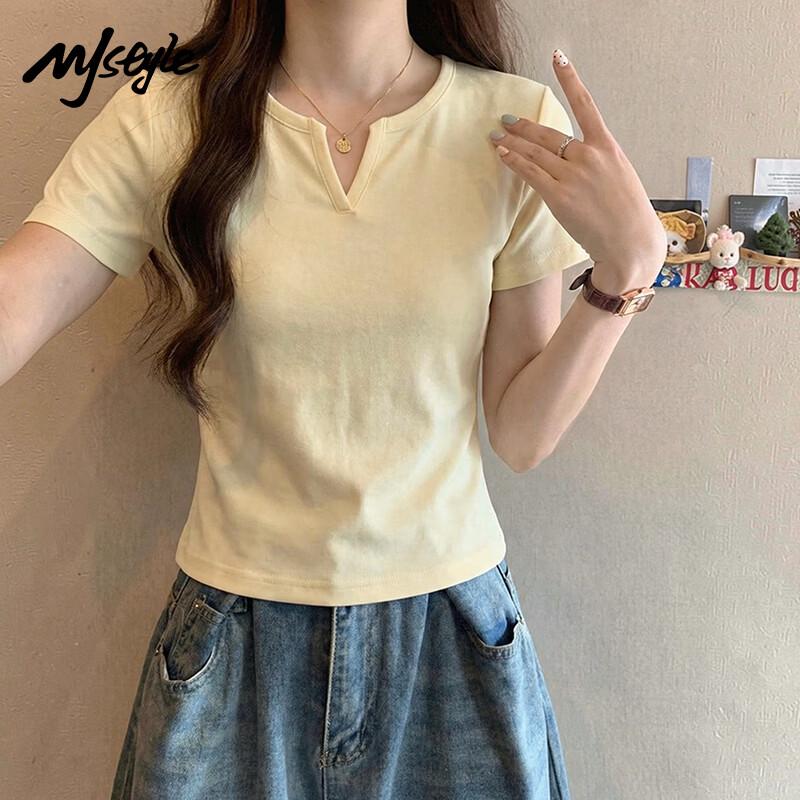 MJ STYLE Women s V-Neck Ruched Slim Fit Short Sleeve T-Shirt S