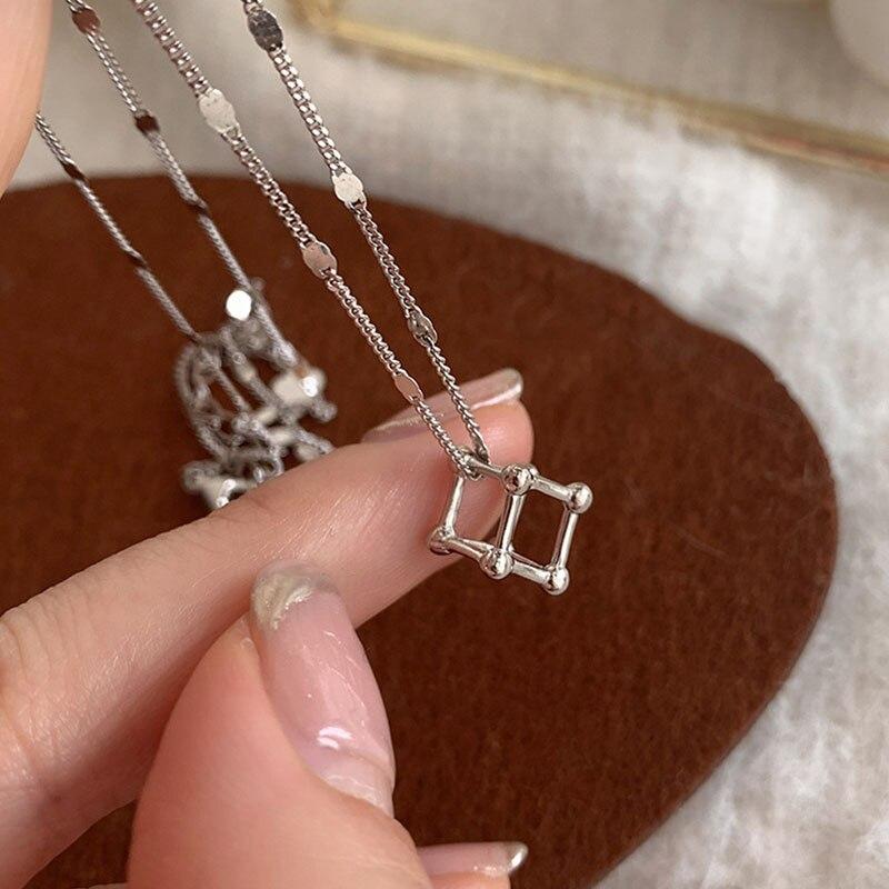 925 Sterling Silver Cube Geometric Necklace Female Simple Elegant Shiny Chain Choker Pendant Necklaces Gift