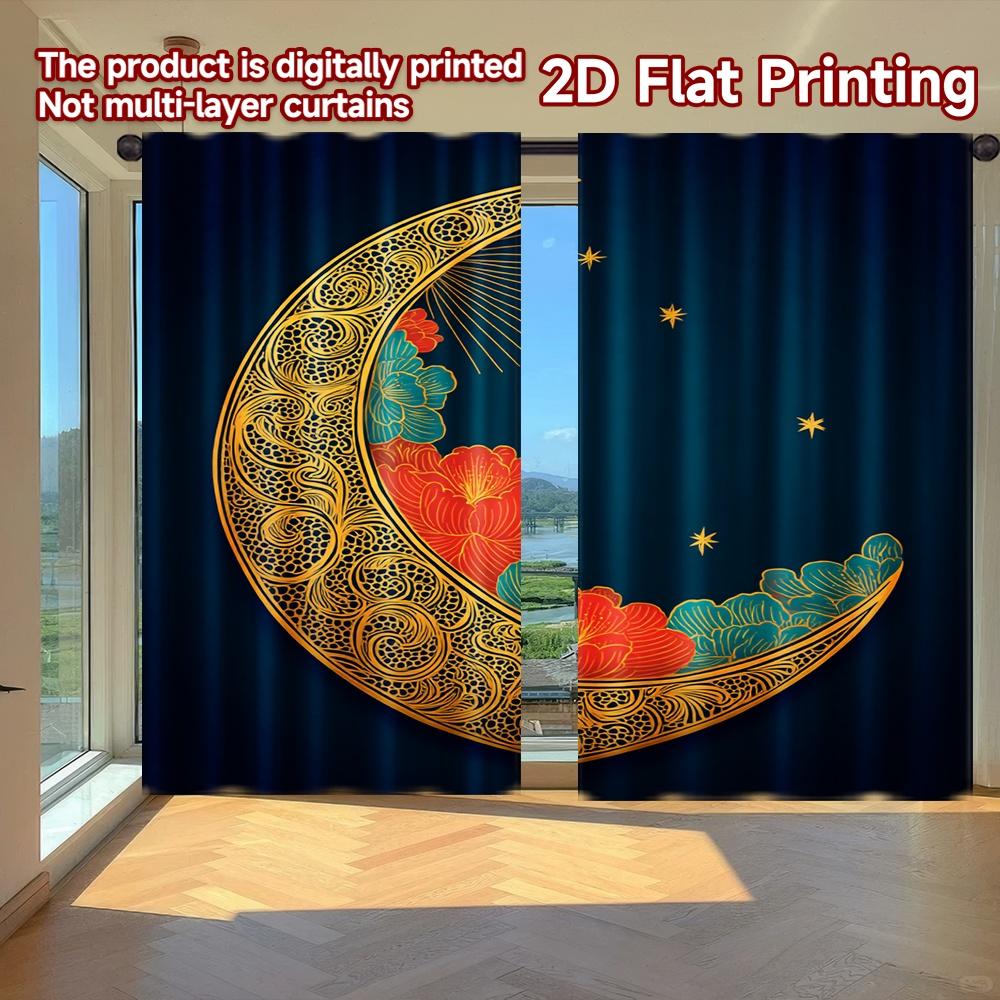 

Set Of 2 Minimalist Flat Printing Curtains Without Rod Floral Moonlight Design Ramadan Festival Durable Polyester Curtain Made W100*H70(CM)-Hooks&2PCS