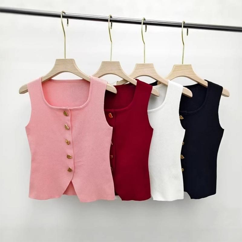 French Retro U-Neck Single-Breasted Sleeveless Slim Vest Solid Color Knitted Vest For Women