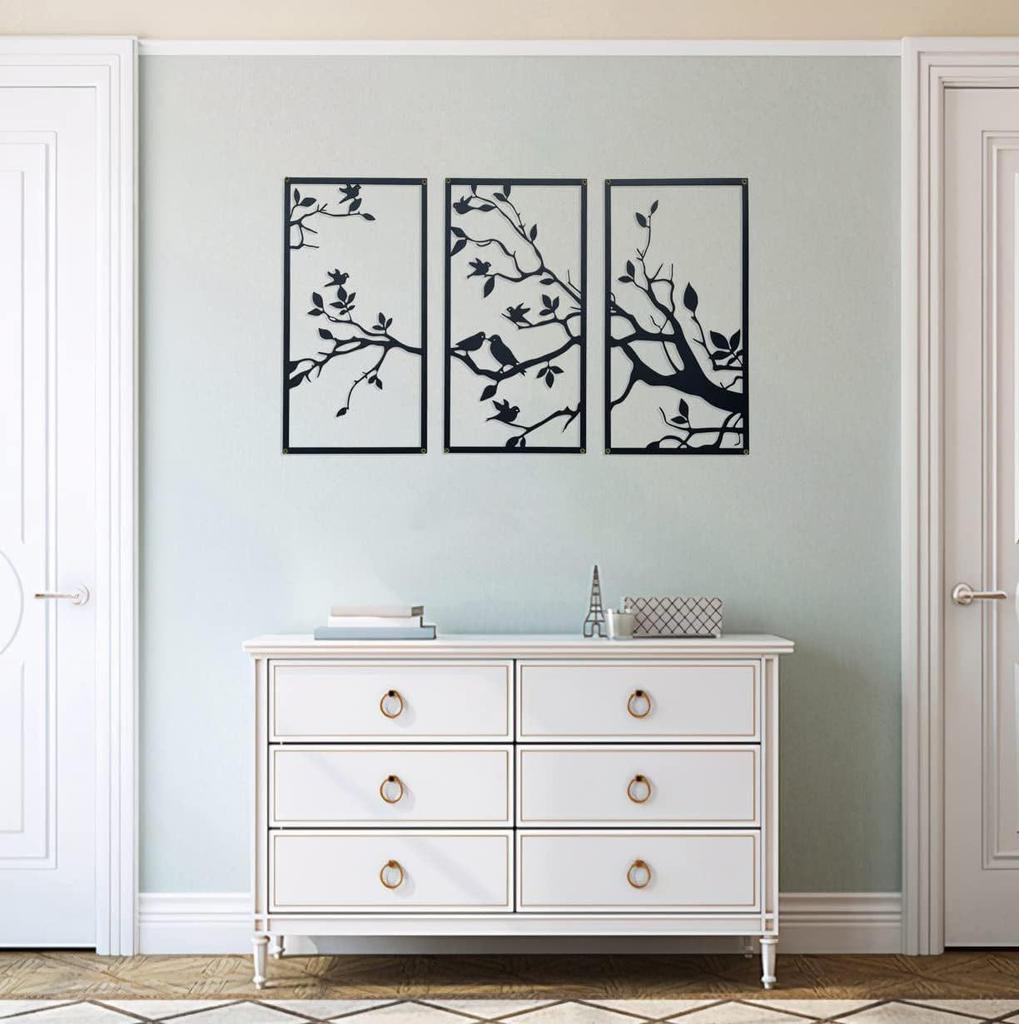 Large 3-Piece Metal Wall Art: Birds On Branches for Indoor/Outdoor Decor