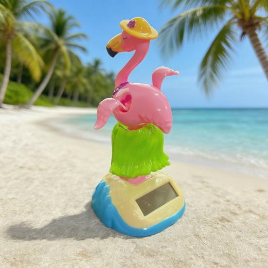 Cute Flamingo Solar Car Ornament Plastic Dashboard Decor with Automatic Swing Hawaiian Grass Skirt Design Car Desk Seaside Decoration Novelty Gift
