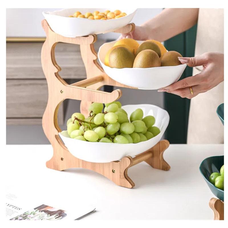 Nordic Creative Durable Plastic Fruit Plate With Wooden And Iron Stand Two Tier Three Tier Fruit Bowl For Living Room Modern Design