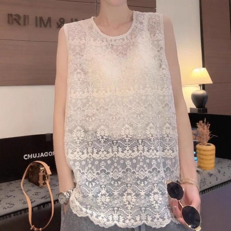 Корейский ретро вязаный кружевной топ-жилет без рукавов - Шикарный женский модный топ L [Recommended weight 50-57.5 kg]