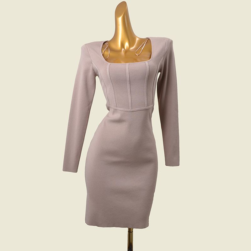 Fashion Style Square Collar Bandage Silm Dress Waist-Tight Early Autumn Sexy U-Collar Knitted Hip Skirt