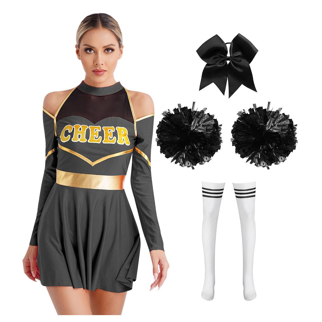Complete Cheerleading Halloween & Performance Outfit for Women S-XXL: Cutout Dress with Accessories (Bow, Socks, Flowers)