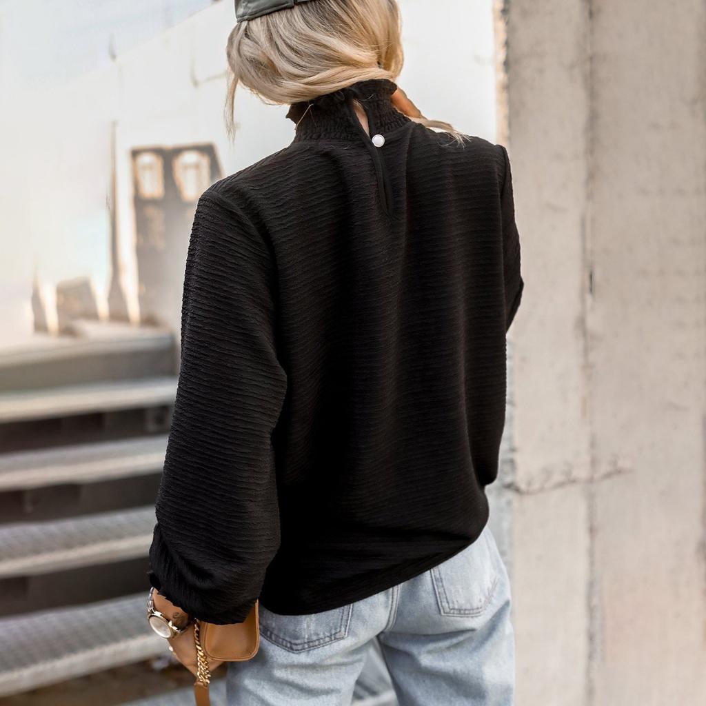 Womens Casual Long Sleeve Round Neck Chambray Blouse Top