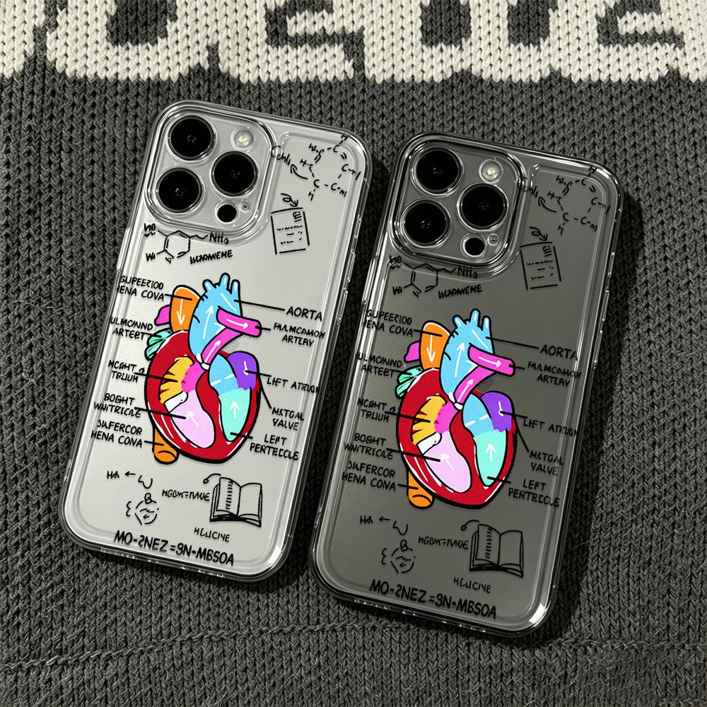 Fashion Stripe Anatomy Heart Hand-Painted Silicone Case For Iphone 13 16 Plus 12 15 11 17 14 Pro Max Trendy Striped Cover