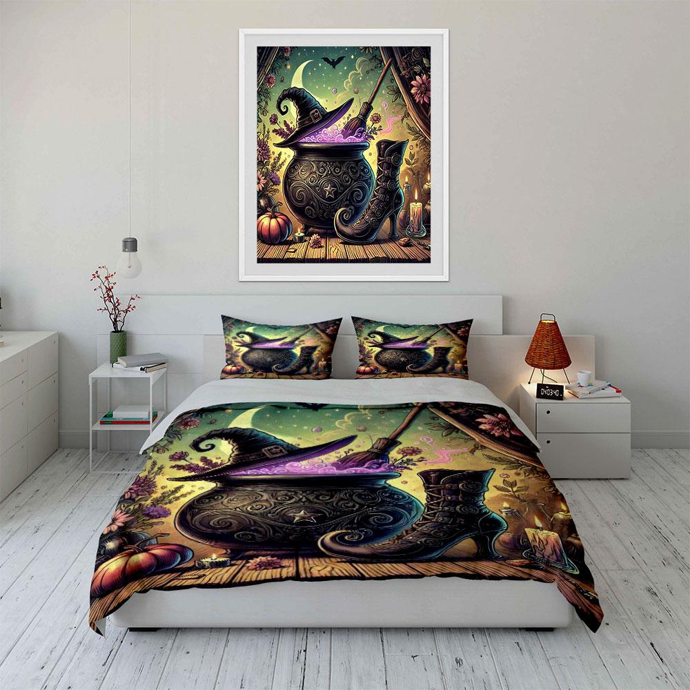 Witch Cauldron Hat Boot Set Bedding Set With 1 Duvet Cover 2 Pillowcases Single Double King Queen, Gift