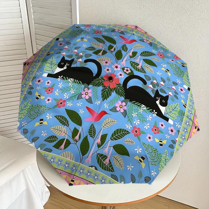 1PC Cats Flowers Umbrella-8-Rib Reinforced Portable Folding Travel Suitable for All Seasons Outdoor Daily Use Is an Ideal Choice -K0337