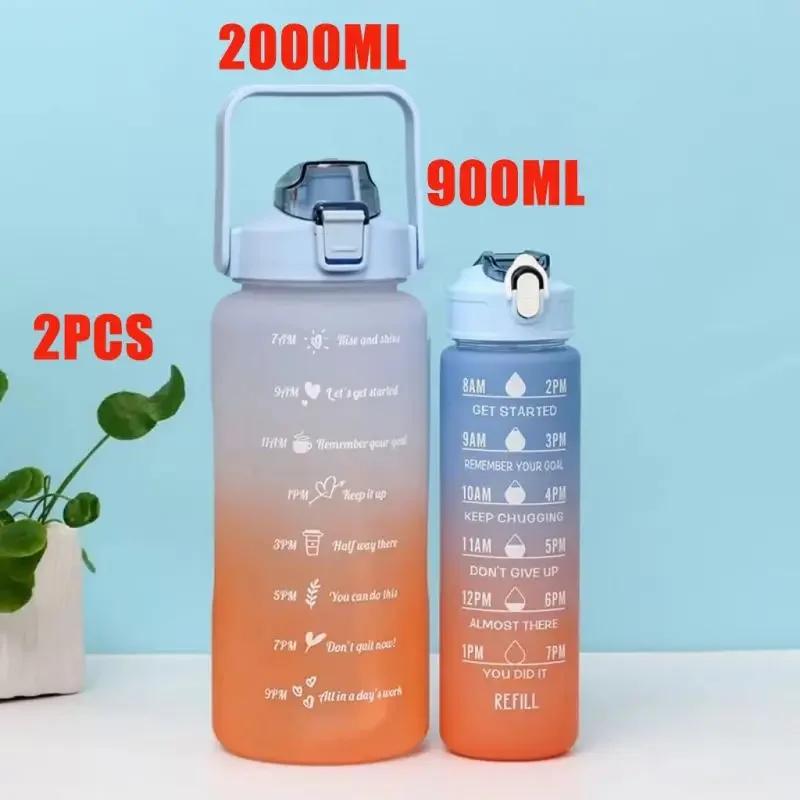 Bidon de apă sport 2L Rezistent la temperaturi înalte Cupă cu pai gradată Curcubeu Mat Culoare progresivă Cupă de apă Cupă de plastic