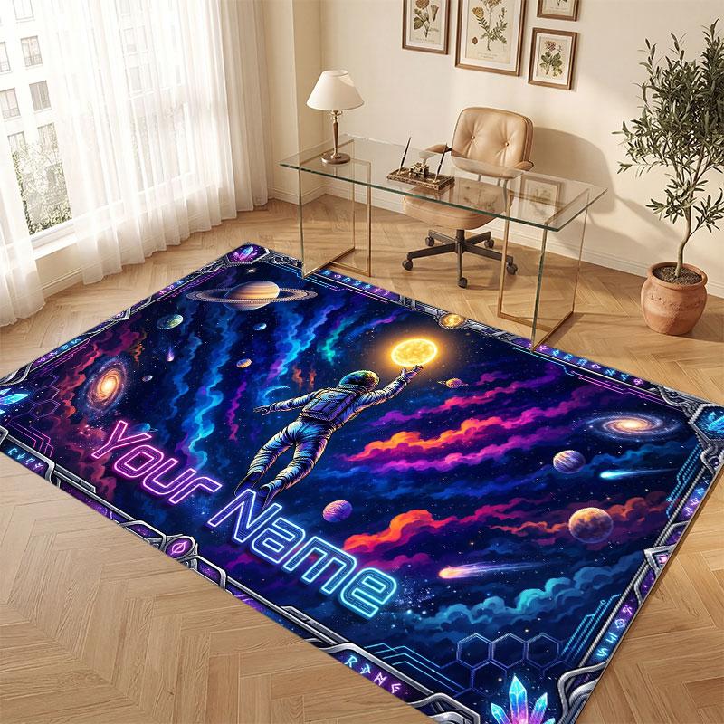 Space Cosmic Theme Crystal Velvet Floor Rug Personalized Custom Name Text Warm Carpet Home Decoration