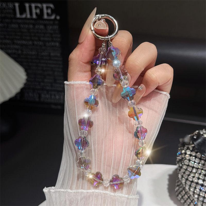 New Small Crystal Clover Bead Phone Chain On The Phone Short Wrist Rope Clip Outdoor Loss Prevention Pendant for All Phone Cases