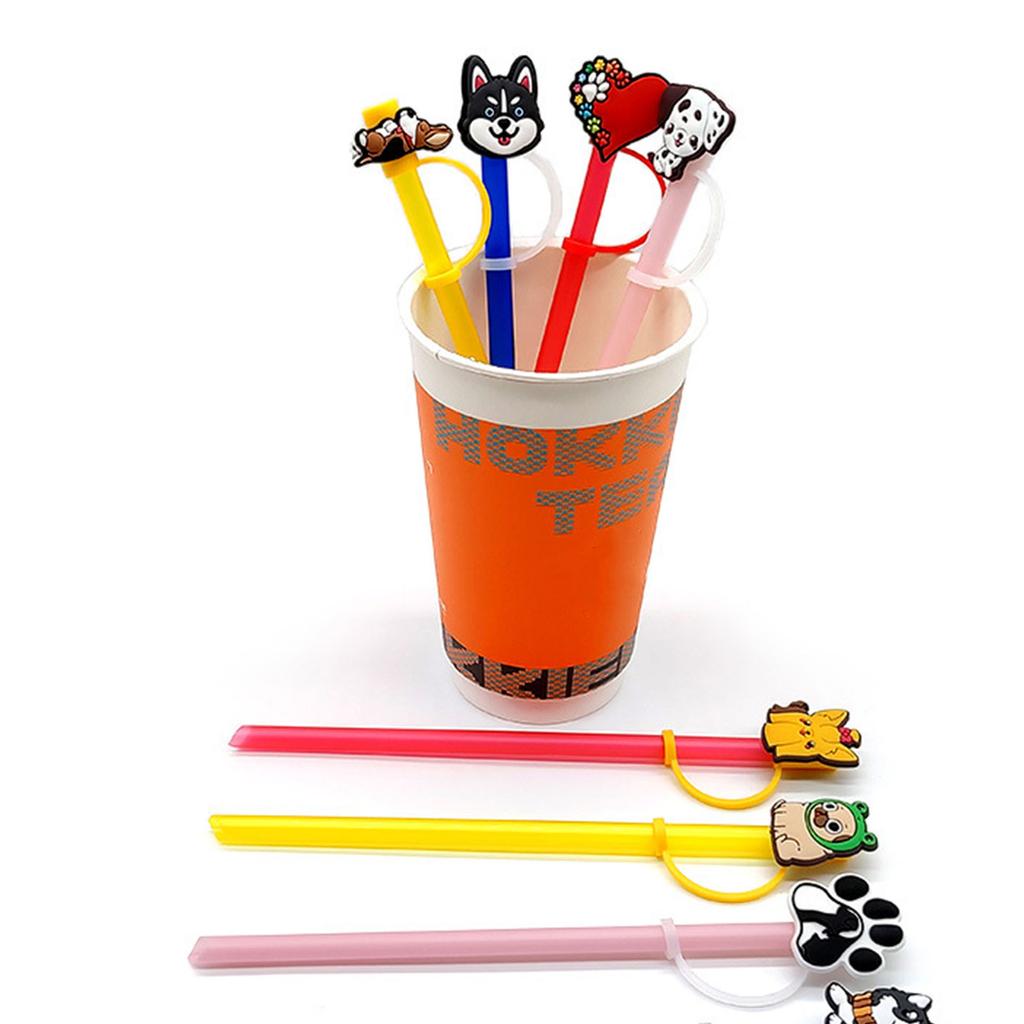 10pcs Flexible Dogs Pattern Silicones Hat for 8mm Straw Reusabled Drinking Straw Hat Reusabled Dustproof Cute Straw Cover