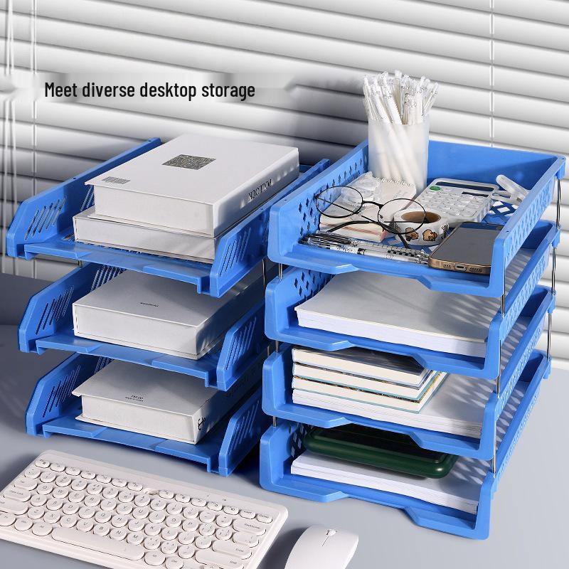 Blue Multi-Layer Desktop File Rack - Office Storage Shelf & Thick Plastic Box