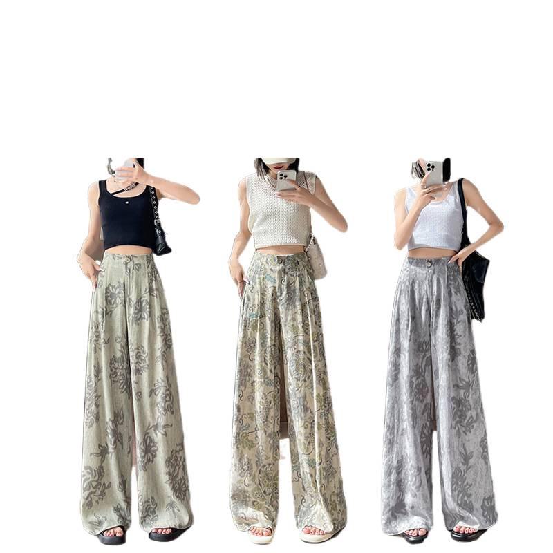 Women's High-Waist Retro Print Wide-Leg Linen Pants - Spring 2026 Collection