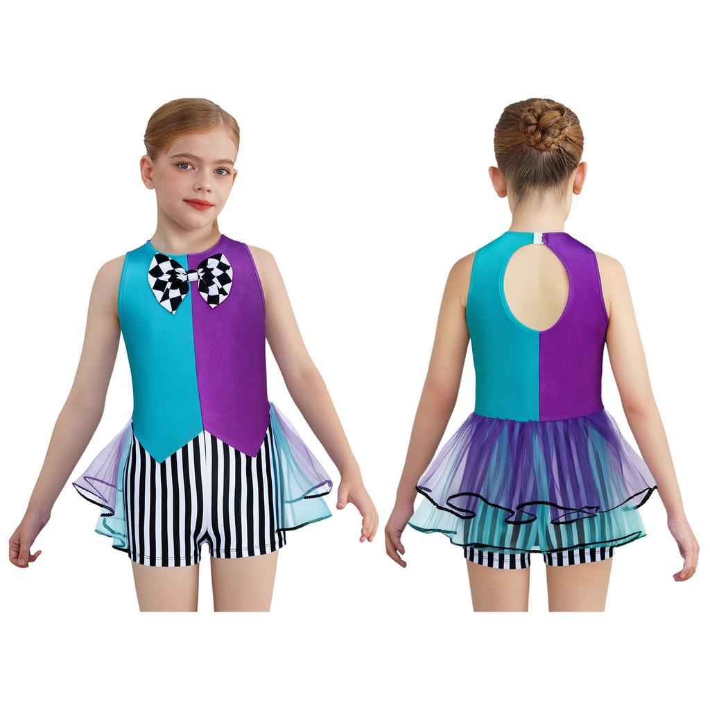 Girls Mad Costume: Sleeveless Stripes Checkerboard Bow Knot Tutu Bodysuit for Fairytale Tea Party Dress Up