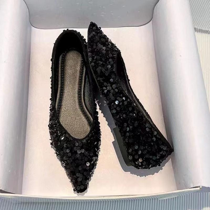 2025 Woman Fashion Pointed Toe Shoes Kawaii Solid Versatile Female Shoes Flats Bling Sequin Soft Sole Shallow Mary Jane Shoes