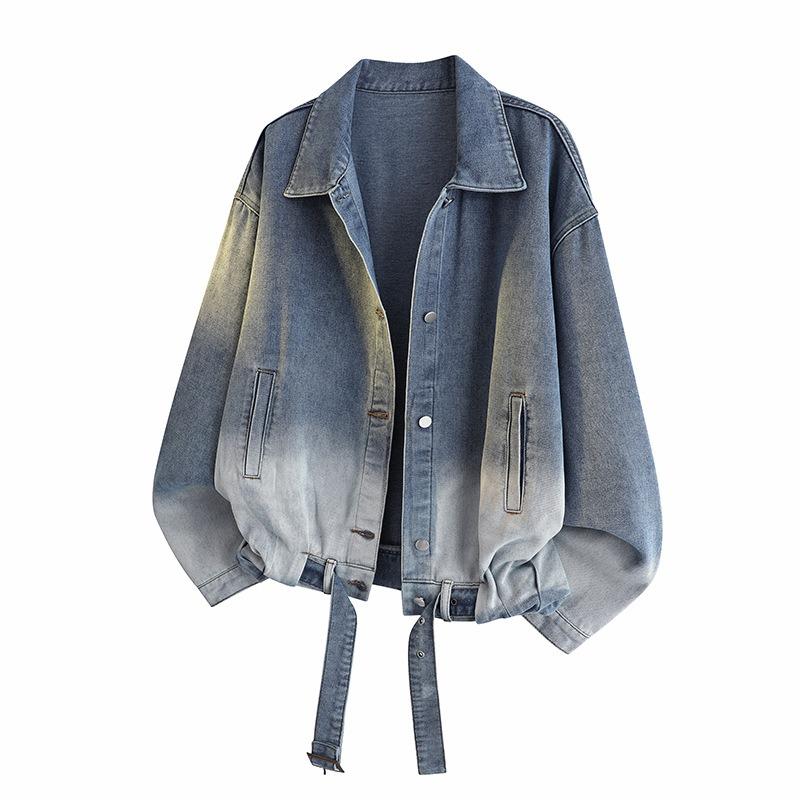 Spring Men Gradient Washed Belted Loose Denim Jacket with Pockets