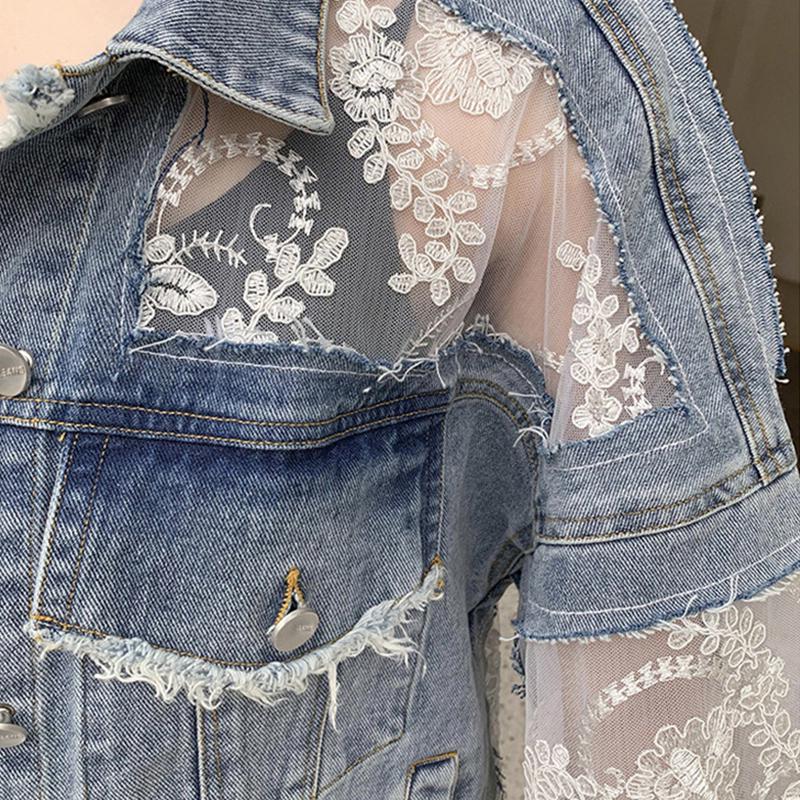 Kot Ceketler Yaz Uzun Kollu Büyük Boy kadın Ceket Gevşek Dantel Patchwork Üst Bayan Denim Ceket
