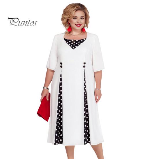 

Женское платье в горошек с принтом в стиле пэчворк контрастного цвета плюс размер с круглым вырезом трапециевидной формы со свободным подолом и пуговицами, декор с половиной рукава, официальное весеннее платье-миди 4XL белый