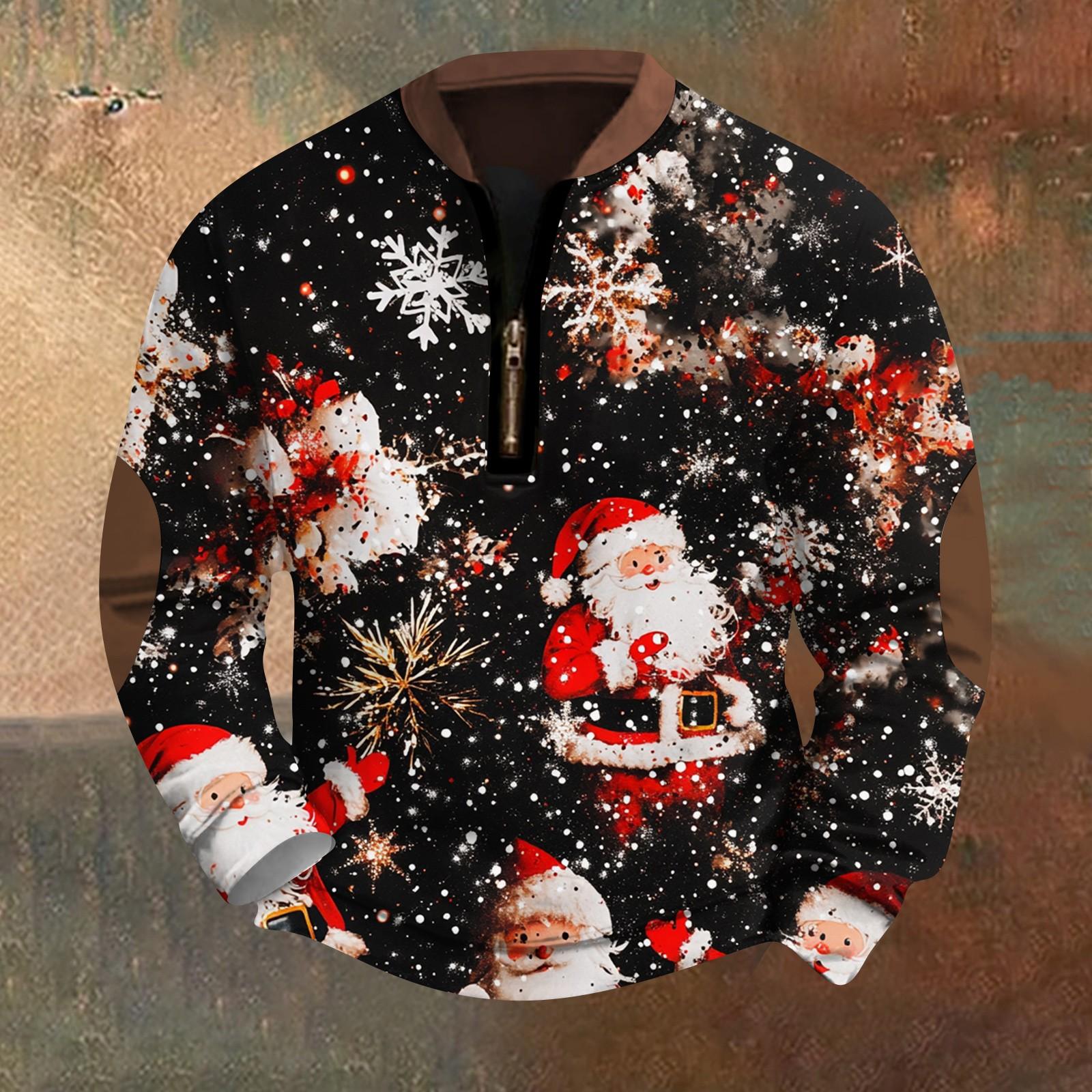 Men s Fashion Casual Half Zipper Neck Loose Long Sleeve Christmas Printed Sweatshirt XXL чёрный