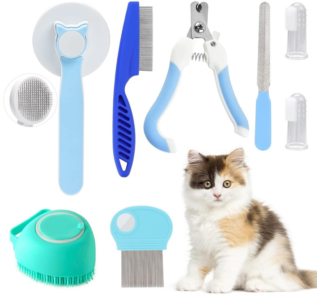 8-piece cat brush beauty set pet self-cleaning set with pet nail clippers and files flea comb pet shower brush