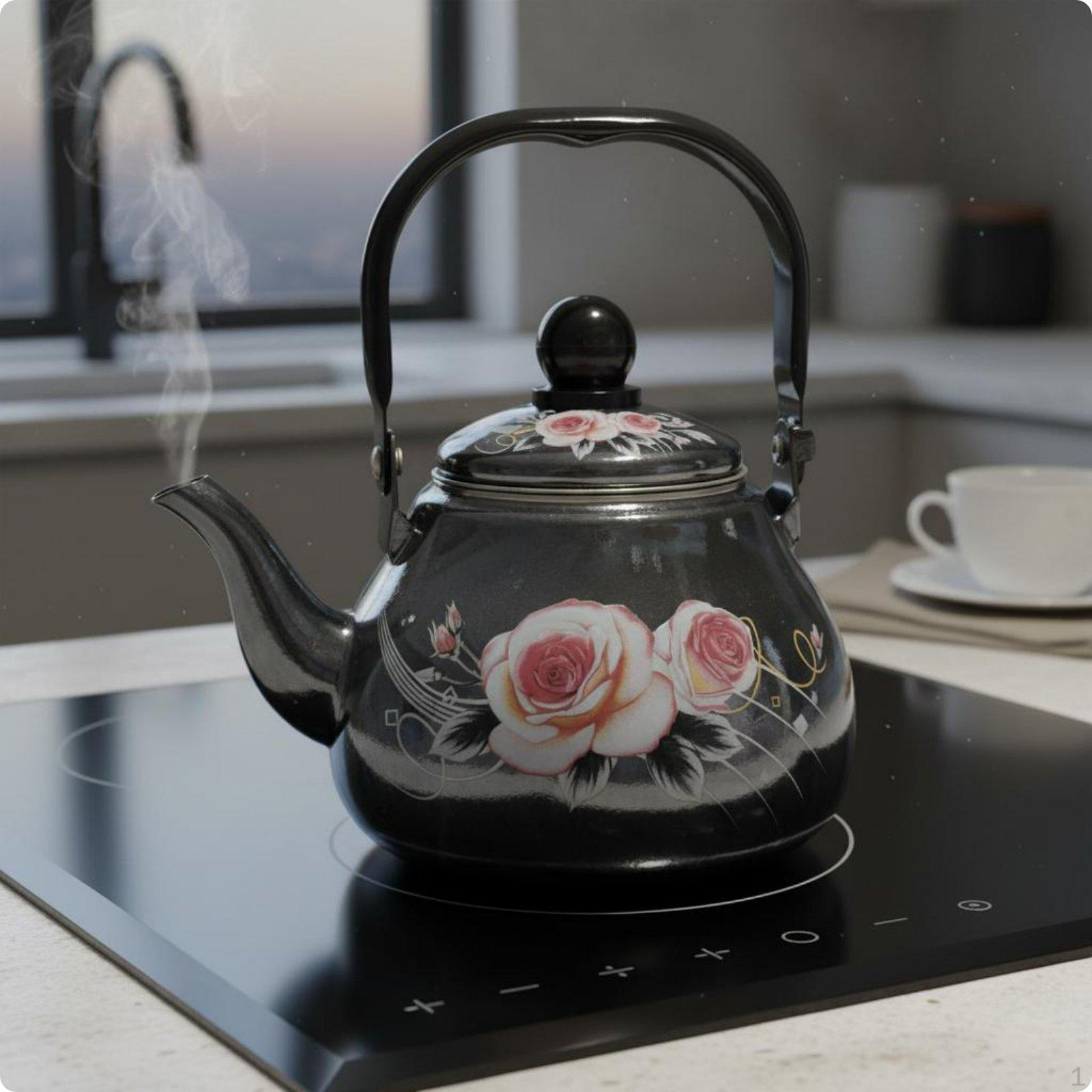 Enamel Tea Kettle Induction Cooker Teapot Builtin Strainer Floral for Stovetop Black