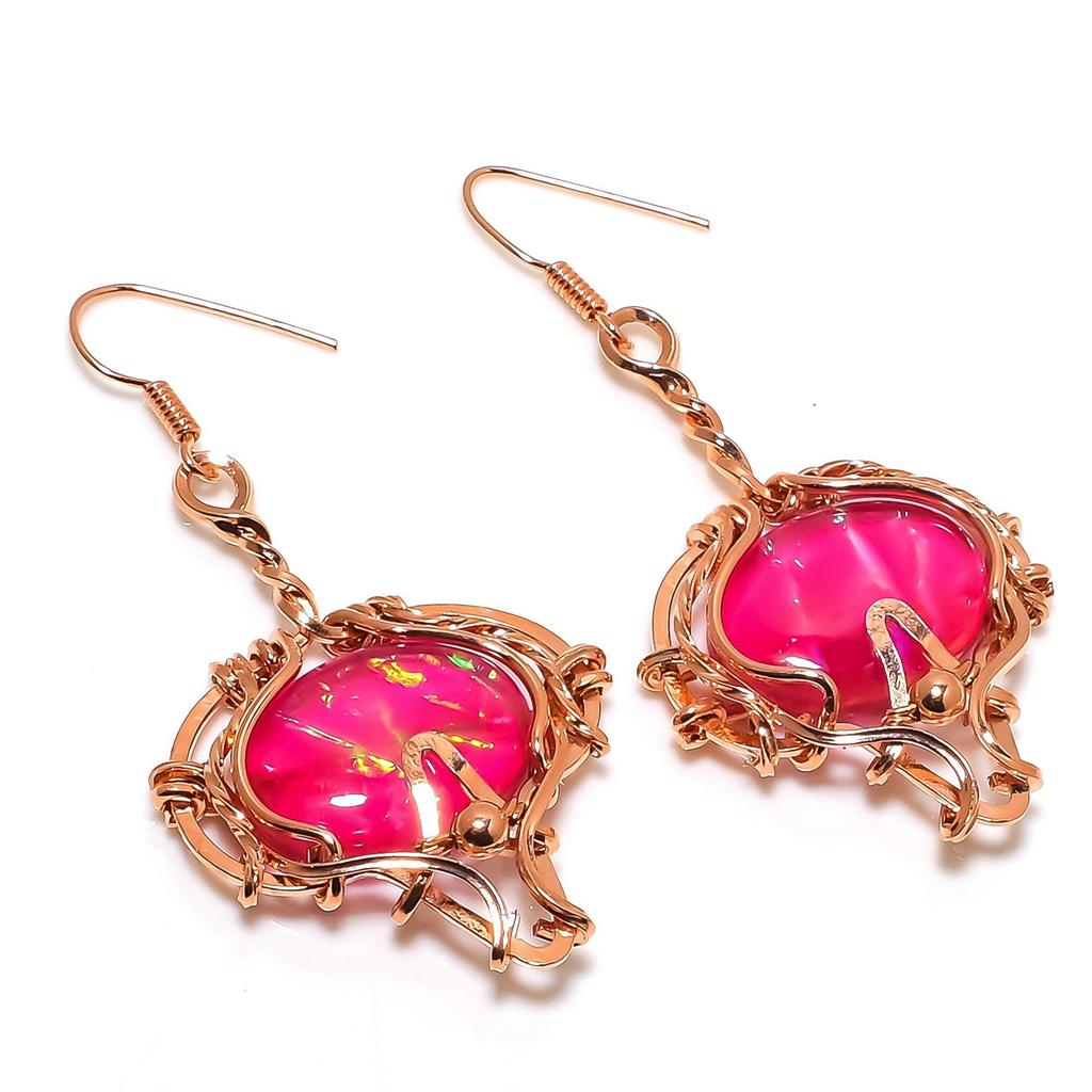 Pink Australian Triplet Opal 999 Copper Wire Wrapped Earrings, Handmade Gemstone Jewelry Earrings For Memorial Day