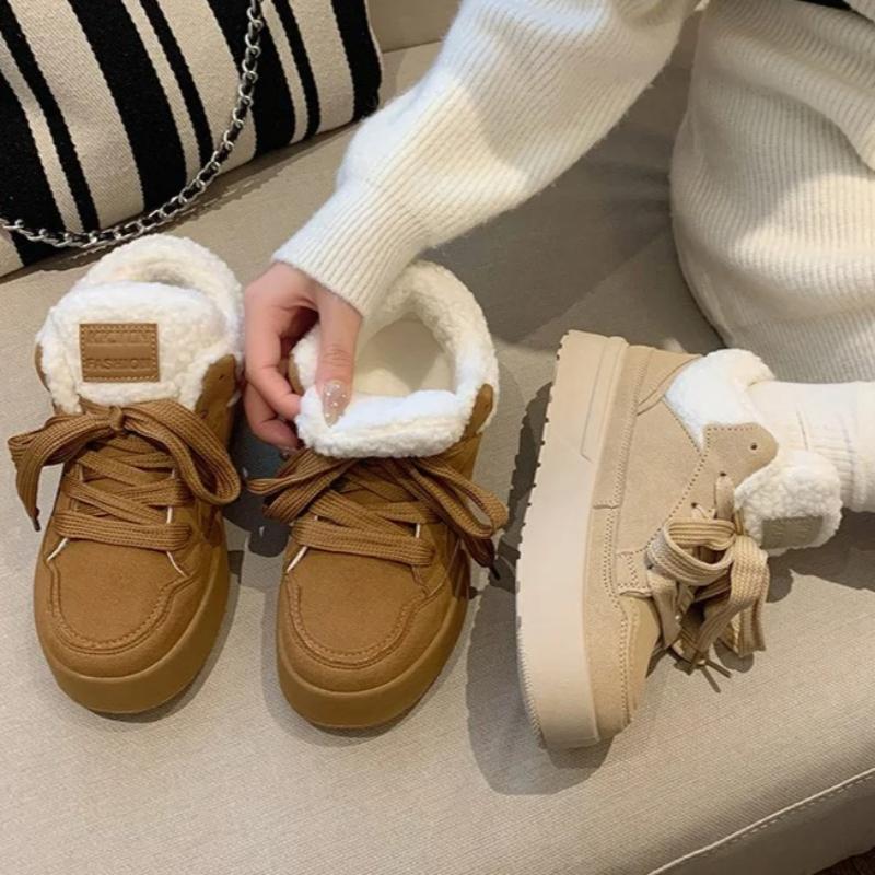 Platform Lace-Up Plush Shoes Women's Winter Outdoor Faux Fur Lined Thickened Anti-Slip Low Top Snow Boots Casual Sneakers