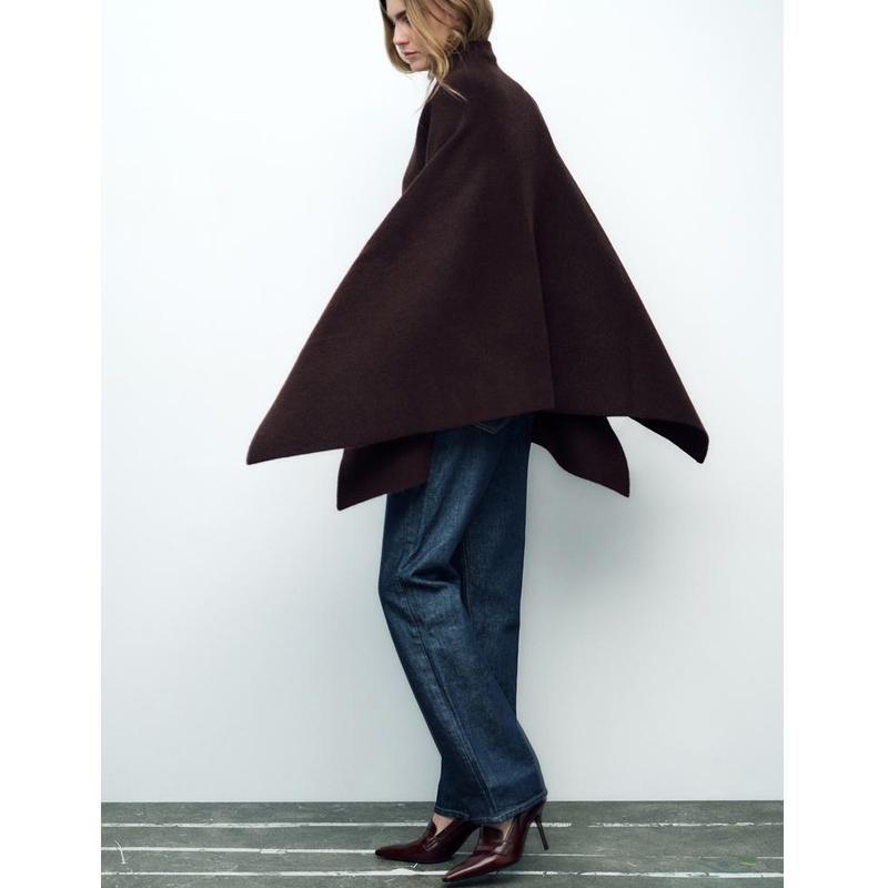 Autumn and Winter New Women Clothes Western Style Blended Fabric Asymmetric Stand Collar Knitted Cape Coat 3739027