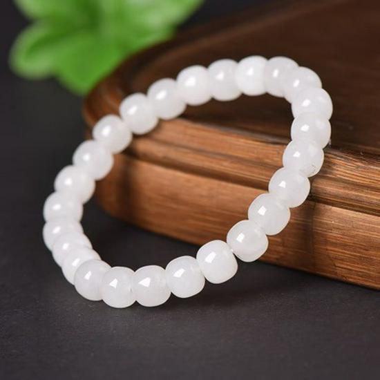 Xinjiang Hetian Mutton Fat Jade Bracelet with Golden Silk - Old Style Plain Round Beads.