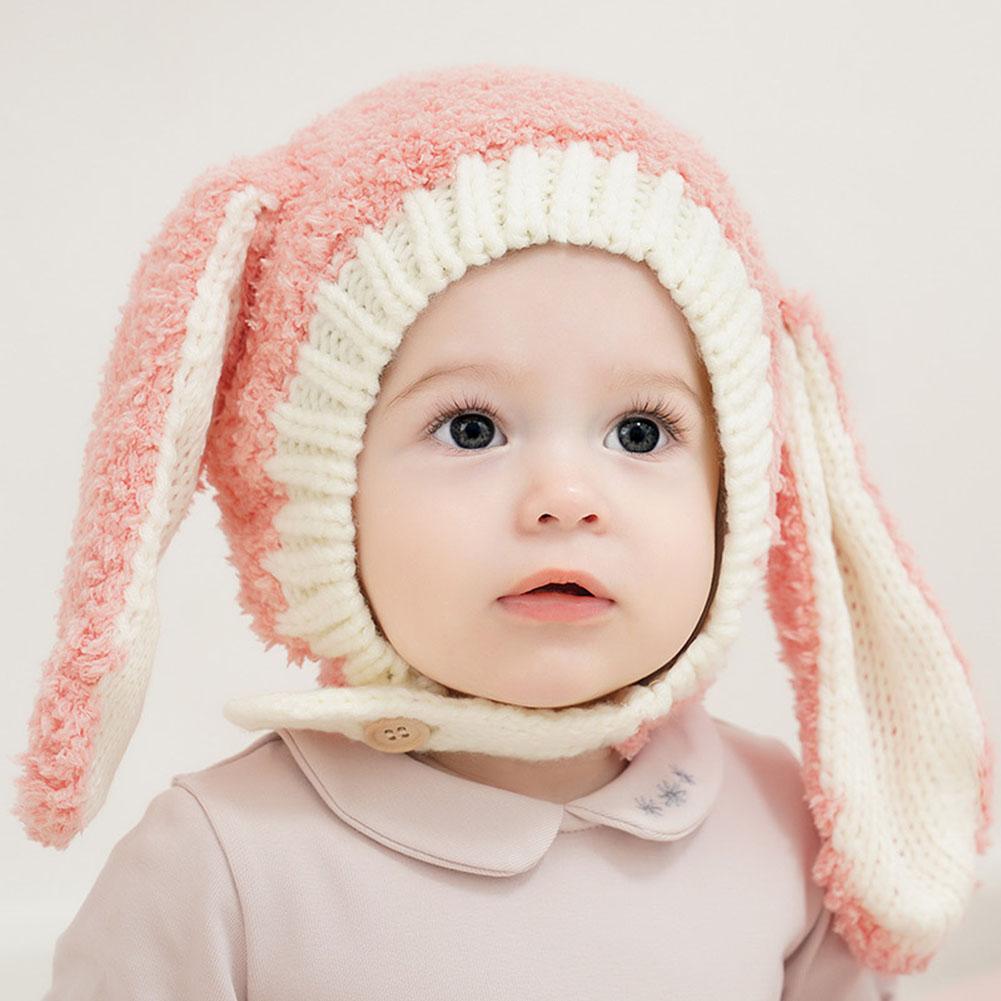 Winter Warm Earflap Hat Cute Cartoon Long-eared Rabbit Contrast Color Knitted Cap