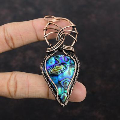 Colgante de concha de abulón envuelto en alambre de cobre, hecho a mano, joyería de cobre, regalo para mujer, joyería de piedras preciosas envueltas en alambre, piedra curativa