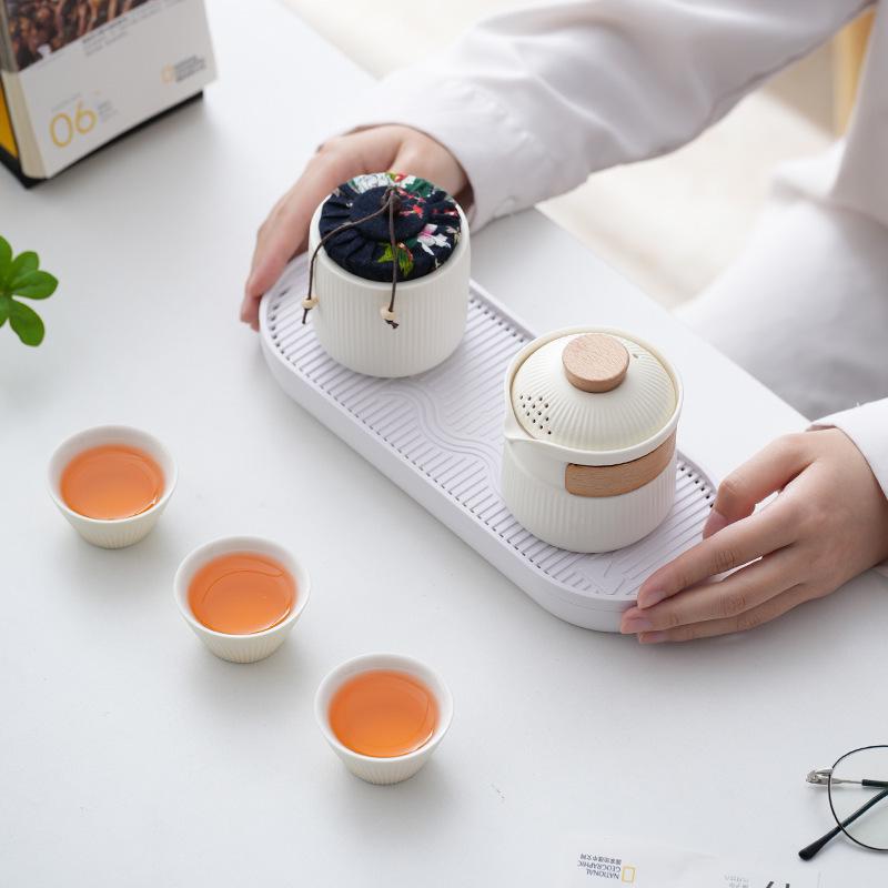 Portable Ceramic Travel Tea Set: One Pot, Three Cups, Custom Logo Option