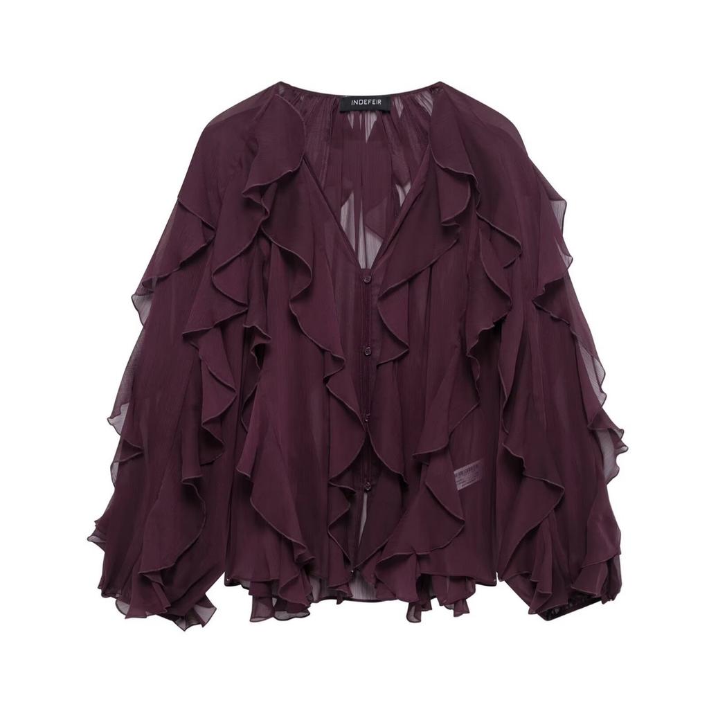 VAYLA Summer Sexy Women's Translucent Ruffles Blouses Fashion V-neck Single Breasted Tierred Causal Tops Beach Style Solid Shirts