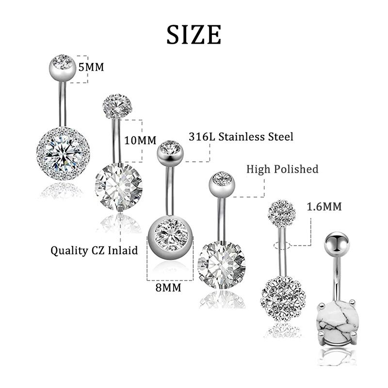 Anneaux de nombril en acier inoxydable 14G, anneaux de nombril en perles CZ, bijoux de perçage pour le corps, haltère